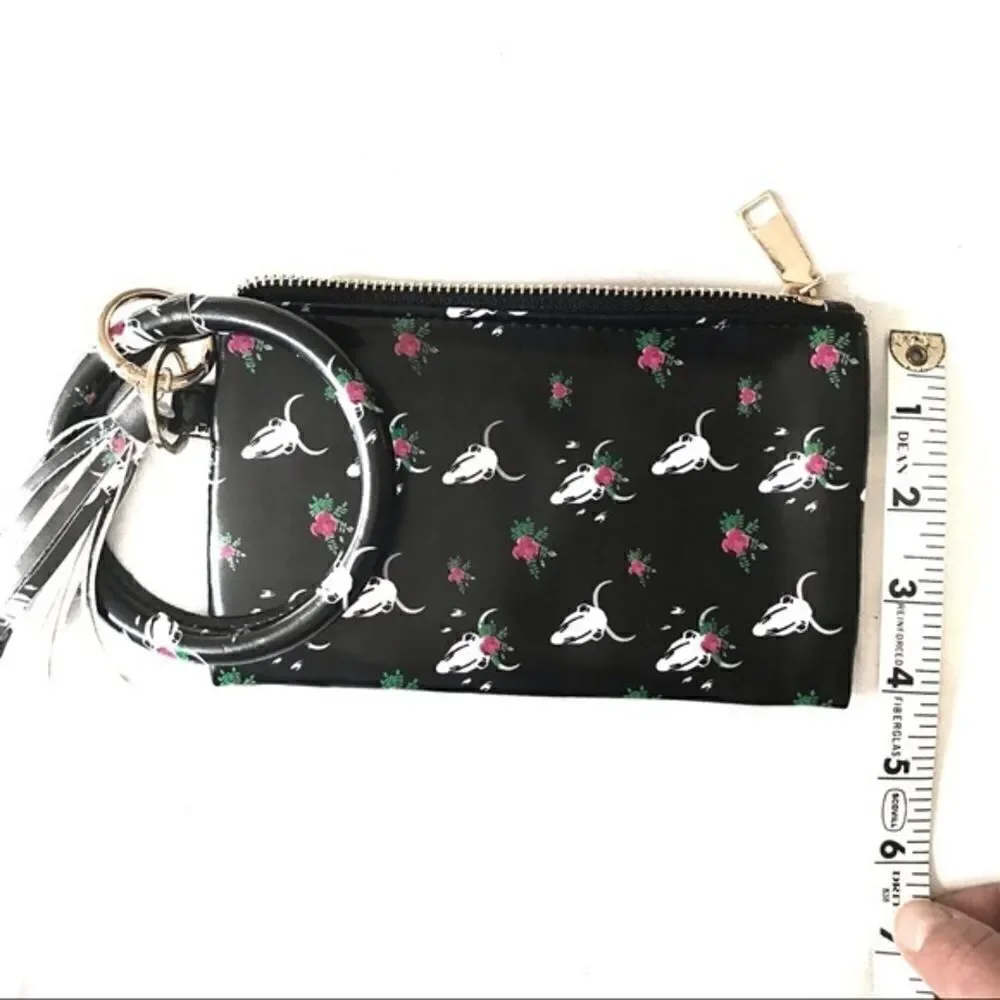 Western Skull Floral Print Wristlet Clutch